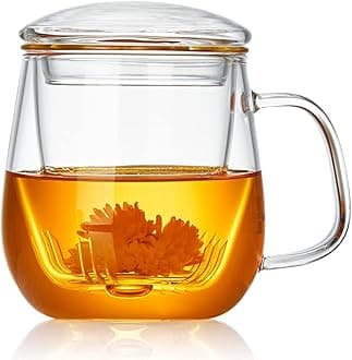 DOPUDO Glass Tea Cup with Infuser and Lid, 17.6oz/520ml Large Borosilicate Teacup,Tea Glass, Clear Mug for Loose Leaf Tea, Blooming Tea, Microwave & Dishwasher Safe - Tea Maker Gift for Birthday.
