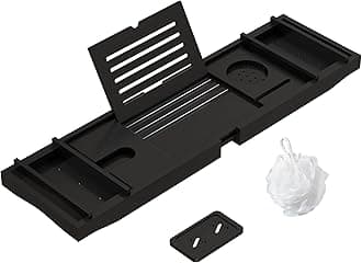 ZHUOYUE Bamboo Bathtub Tray Bath Tub Caddy with Expandable Handles Wine Glass Phone Holder Book Stand for Bathroom Luxury Spa Wooden Bath Table Board for Reading Laptop Over The Clawfoot tub Black