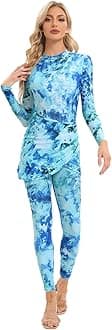 Womens Muslim Swimsuits Tie Dye Top Swim Pants with Long Sarong Cover up Wrap Skirt Swimwear Modest Bathing Suit 4PCS