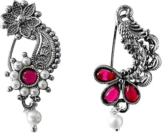 RiankTraditional Oxidised Maharashtrian Nath with Combo of Pearl Floral & Peocock Design Pearl Bead Nose Ring without piercing for Women