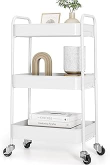 TOOLF 3-Tier Rolling Cart - Metal Utility Storage Organizer with Lockable Wheels, 33 lbs Per Shelf, Tool-Free 5-Min Assembly, for Kitchen Bathroom Office Nursery Craft Room, White