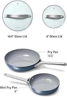 Caraway Ceramic Nonstick Fry Pan Set with Glass Lids – Includes Two 10.5” Fry Pans, One 8” Fry Pan, & Three Lids - Non Toxic, PTFE & PFOA Free - Oven Safe & Compatible with All Stovetops - Navy