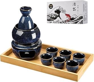 DUJUST 10 pcs Japanese Sake Set with Warmer for 6, Kiln Altered Glaze Porcelain Sake Set, 6 Sake Cups, 1 Sake Bottle, 1 Warmer, 1 Candle Stove, 1 Tray&1 Box, Warm Sake Carafe, Japanese Gifts- Darkblue