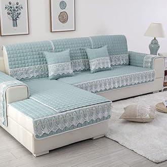 vctops Farmhouse Solid Color Sofa Slipcover Non Slip L Shape Sofa Cover Lace Trim Plaid Quilted Sectional Couch Cover Furniture Protector Cover for Pets Kids Children Dog Cat (Light Green,43"x43")