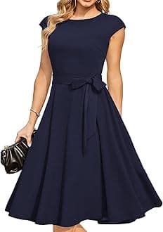 Women's Vintage Homecoming Tea Dress Cocktail Party Swing Dress with Cap-Sleeves Navy M