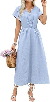 ECOWISH Women Casual Midi Dress: 2025 Button V Neck Cotton Summer Dresses Short Sleeve A-Line Shirt Long Dress with Pockets
