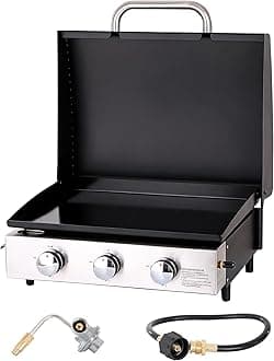 22" Flat Top Grill with Lid & Ceramic Coated Cast Iron Pan, 3-Burner Portable Tabletop Gas Propane Griddle for Outdoor, BBQ, Camping & Tailgating Barbecue, 24,000 BTU