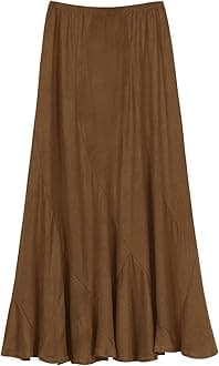 Women's Faux Suede Elastic Waist Midi Long Skirt A Line Women Flowy Fall Winter Skirts