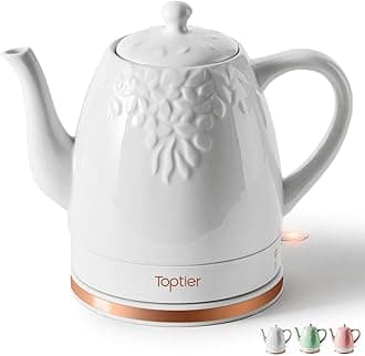 Toptier Electric Ceramic Tea Kettle, Boil Water Quickly and Easily, Detachable Swivel Base & Boil Dry Protection, Carefree Auto Shut Off, 1.5 L, White