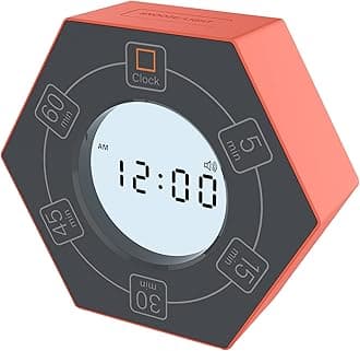 Hexagon Rotating Productivity Timer with Clock, Pomodoro Timer with 5,15, 30, 45, 60 Minute Presets, Timer for ADHD Kids and Adults (Orange)