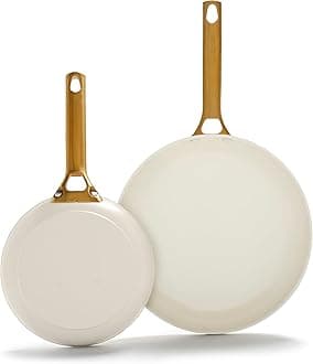 GreenPan Hard Anodized Healthy Ceramic Nonstick 8" and 10" Frying Pan Skillet Set, Gold Handle, PFAS-Free, Dishwasher Safe, Oven Safe, Cream White