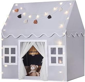 Kids Play Tent Indoor: Mat, Tassel Garland, Star Lights - Gray Girl Tent Playhouse for Boys Kids Toys for Boy Girl Birthday Gift