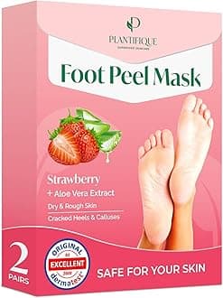 Plantifique Foot Peel Mask – 2 Pairs Exfoliating & Dermatologically Tested Foot Treatment, Removes Dead Skin & Repairs Heels for Soft Feet – Strawberry Scent, Gift for Women & Men