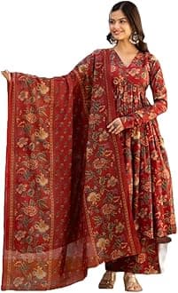 MEERA FAB Women's Cotton Blend V-Neck Anarkali Printed Kurta with Palazzo & Dupatta