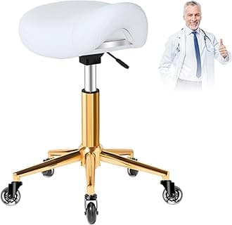 Saddle Stool with Wheels Ergonomic - Thick Wide Saddle Cushion, Healthy Posture No Pain, Easy to Adjust, Smooth Rolling No Creaky Noises, Rolling Swivel Saddle Stool Chair for Salon Massage (White)