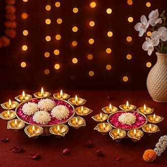 Jaipur Ace Elegant Urli Gold Metal Diya and Tealight Candle Holders with Floral Arrangement Bowl, Perfect for Diwali, Pooja, and Home Decor Floral Beautiful Urli (Pack of 2 Urli Set)