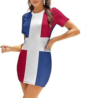 Fattyeery Womens Summer Casual Loose Dress Dominican Flag Long Dress Short Sleeve for Girls Fashion Skirts M