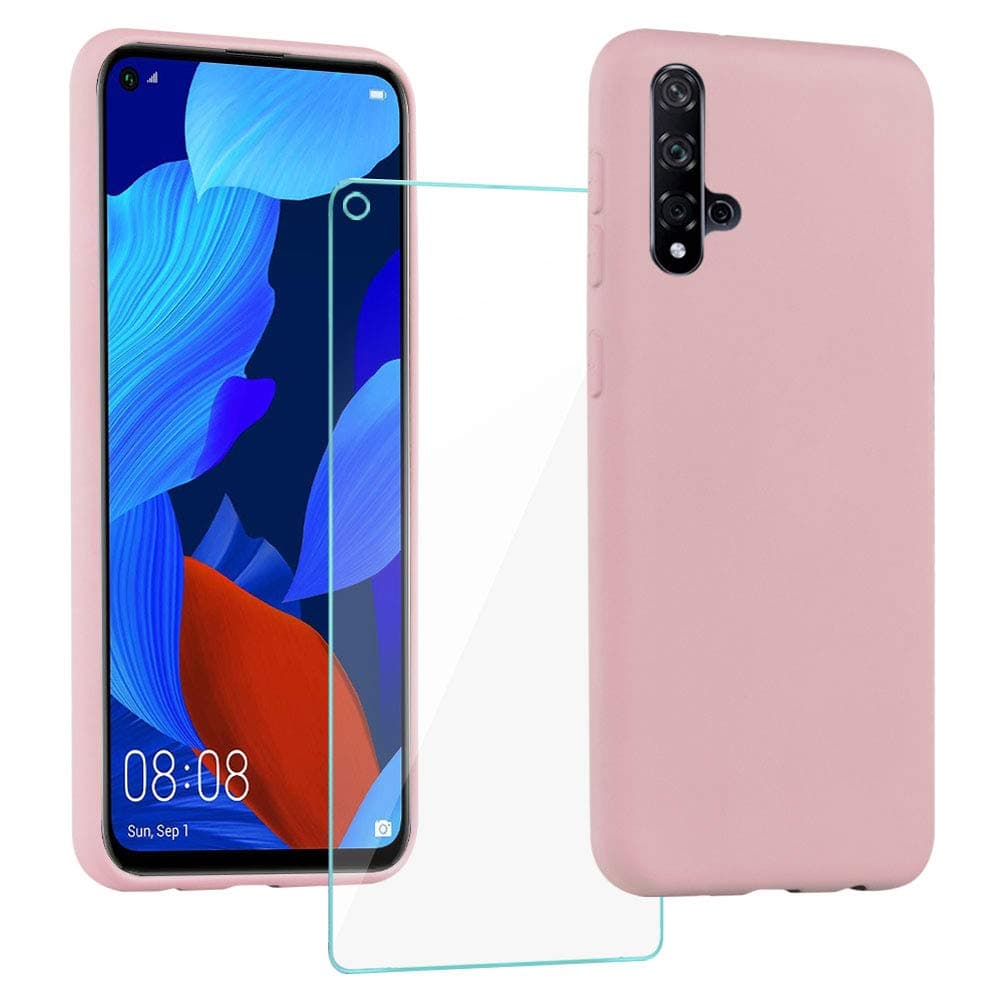 XinYue - Case for Huawei Nova 5T / Honor 20 + Screen Protector, Liquid Silicone Gel Rubber Shockproof Case, 3 Layer Structure Premium Silicone Full Body Protection Case-Pink