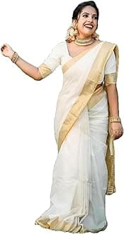 VJ Fashion Kasavu White Plain Cotton Saree With Piece_freesize Blouse For Women, White, One Size