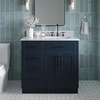 ARIEL Bathroom Vanity 37" Midnight Blue, Italian Carrara Marble Countertop & Splash, Rectangular Sink, 2 Soft Closing Doors, 5 Full Extension Dovetail Drawers, Toe Kick, Matte Black