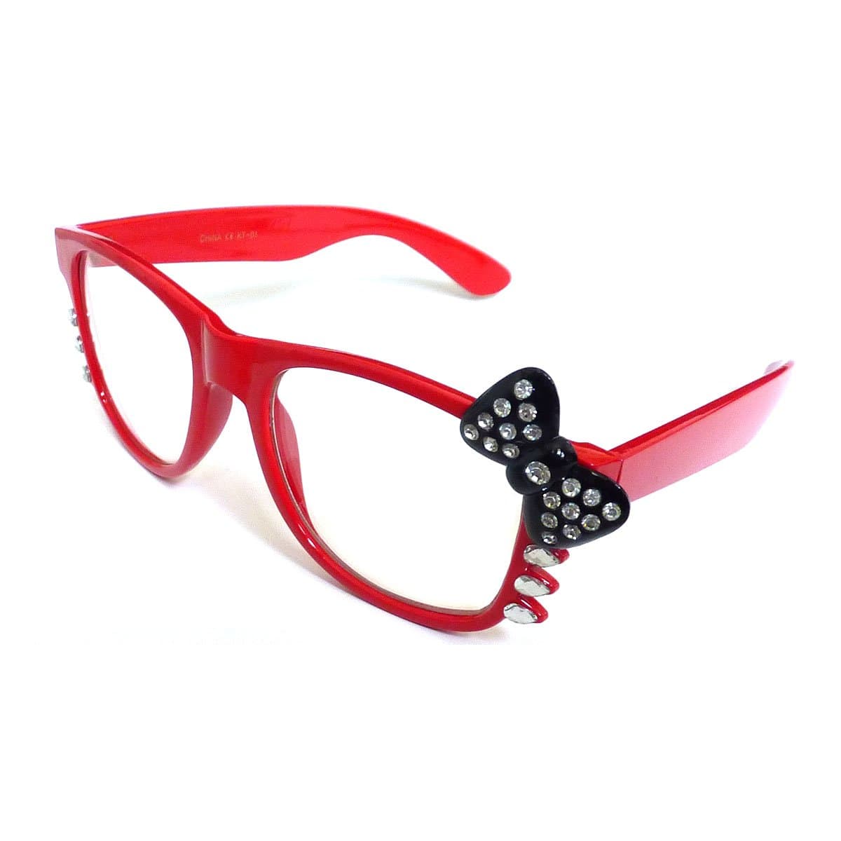 CUTE HELLO KITTY Nerd Clear Lens Eye Glasses RED Frame BLACK Bow With SILVER Rhinestone