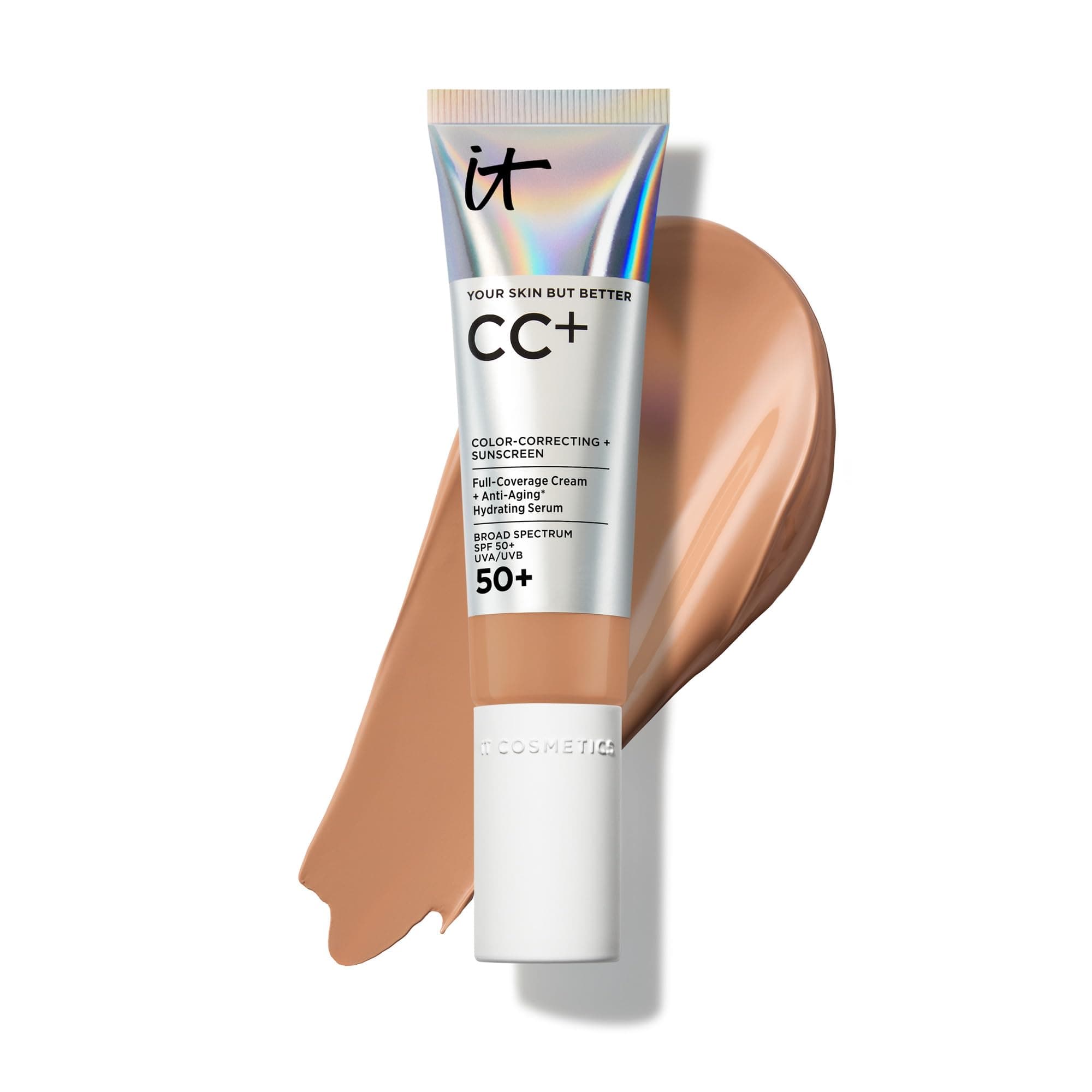 CC+ Cream (Tan) - Natural Full Coverage Foundation With SPF 50+, Color Corrector & Anti-Aging Hydrating Serum, Hyaluronic Acid + Peptides, Lightweight - 1.08 fl oz