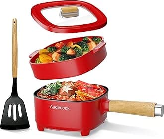 Audecook Electric Frying Pan, 2L Upgraded Cermic Non-Stick Coating Frying pan, Electric Ramen Cooker for Steak, Egg, Fried Rice, Oatmeal, Soup. Terminal Dual Power Controllable (C(Red/with Steamer))