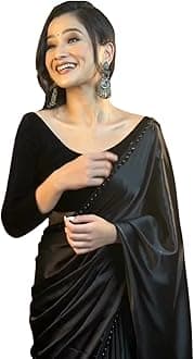 Women's Ready to Wear Black Satin Silk 1 Minute Pre Pleated Heavy Saree With Hand Work Lace, Black, Free Size, Black, Free Size
