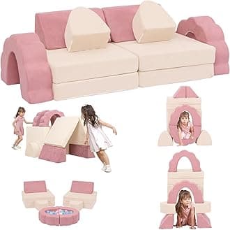 Flower Kids Play Couch 10PCS Toddler Couch High Density Foam Sectional Sofa Playroom Kids Furniture for Girls and Boys Bedroom (Pink)
