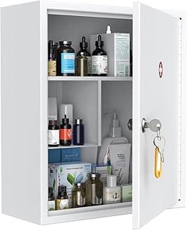Uniclife Wall Mount Medicine Cabinet with Key Lock Locking First Aid Cabinet Lockable Medical Cabinet Large Capacity Medicine Organizer Secure Steel Wall Cabinet Metal Storage Box, White