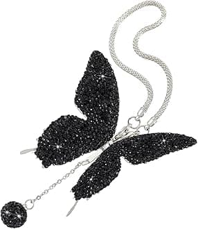 Bling Butterfly Diamond Car Hanging Accessories for Women, Crystal Car Rear View Mirror Charms, Auto Decoration Lucky Gifts Hanging Interior Crystal Ornament Pendant Decor for Cars (Black)