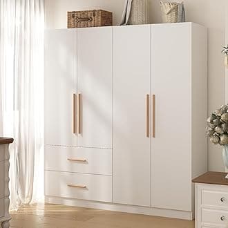 Hitow 4 Doors Wardrobe Armoire Closet, Armoire Dresser with 2 Drawers for Bedroom, Wooden Wardrobe Cabinet for Hanging Clothes, Clothes Organizer, White Type E (63" W x 18.9" D x 70.9" H)