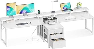 Coleshome 94" Two Person Computer Desk with Power Outlet & USB Ports, Extra Long Home Office Desk with Fabric Drawers, File Cabinet & Monitor Stand, White