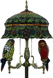 Vintage Peacock Tail Green Stained Glass Shade Standing Floor Lamp Tiffany Style Parrot Butterfly Floor Reading Lighting for Bedroom Living Room,Sofa,Study Room,parrot