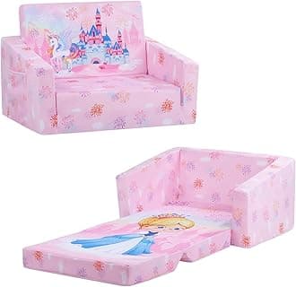 Decalsweet Princess Castle Foldable Kids Sofa Chair,2 in 1 Flip Out Sofa Bed,Soft Toddler Couch with Pocket,Convertible Children's Sofa to Lounger for Bedroom Playroom Nursery,Gift for Girls
