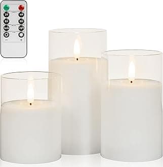 ANGELLOONG Glass Flameless Candles with Remote, White Battery Operated Candles with Timer, Electric Fake LED Candles for Bedroom Farmhouse Bathroom Coffee Table Decor, Clear