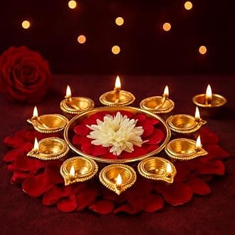 Jaipur Ace Elegant Urli Gold Metal Diya and Tealight Candle Holders with Floral Arrangement Bowl, Perfect for Diwali, Pooja, and Home Decor Floral Beautiful Urli 7 inch Diameter (6 Diya Set of urli)