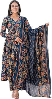 MEERA FABWomen's Cotton Blend V-Neck Anarkali Printed Kurta with Palazzo & Dupatta