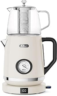 Feller Germany, Retro Style 1.7L 2-in-1 Stainless Steel Tea Maker+Kettle, 2200W, 85/95/100°C Adjustable Touch-Sensitive Temp Setting,LED Display, TS290,2Y Guarantee-UAE Version (Cream)
