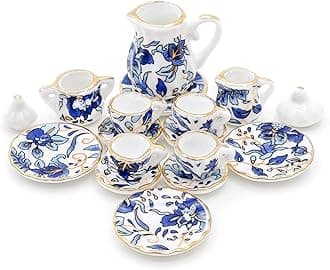 Odoria 1:12 Miniature 15Pcs Blue Porcelain Chintz Tea Cup Set (Blue)