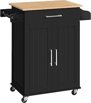 Yaheetech Kitchen Island on Wheels with Storage Cabinet, Rolling Kitchen Cart with Bamboo Top & Drawer & Spice Rack Towel Bar, Microwave Stand Cart for Kitchen/Dining Room, Black