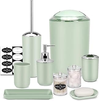 IMAVO Bathroom Accessory Set - 8 Pcs Green Bathroom Accessories Set with Trash Can, Soap Dispenser, Soap Dish, Toothbrush Holder, Toothbrush Cup, Toilet Brush Holder, Qtip Holder Dispenser with Labels