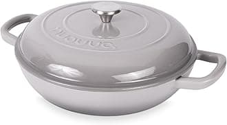 nuovva Shallow Cast Iron Casserole with Lid – Non Stick Dutch Oven Pot, Oven Safe up to 500° F – Sturdy Ovenproof Stockpot Cookware – Enamelled Cooking Pot – Grey, 3.7-Quart, 30cm –