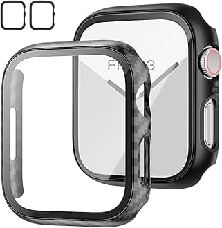 2 Pack Case with Tempered Glass Screen Protector for Apple Watch Series 9/8/7 45mm,JZK Slim Guard Bumper Full Coverage Hard PC Protective Cover Thin Case for iWatch 45mm Accessories,Carbon Fibre