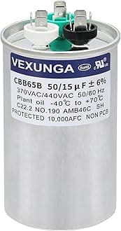 VEXUNGA 50/15 uF 50+15 MFD 370VAC or 440VAC Dual Run Start Round A/C Capacitor CBB65 Air Conditioner Capacitors for AC Unit Fan Motor Start or Heat Pump or Condenser Straight Cool