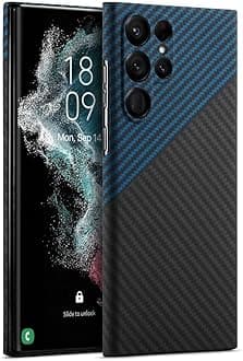 GIMENOHIGSlim and Lightweight Aramid Carbon Fiber Case for Samsung Galaxy S24 Ultra, Camera Full Cover Protection (Blue Black)