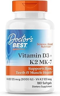Vitamin D3 5,000 IU + K2 MK-7 100 mcg, Supports Bone, Teeth & Muscle Health, and Heart Health, Non-GMO, Gluten Free, 180 Softgels