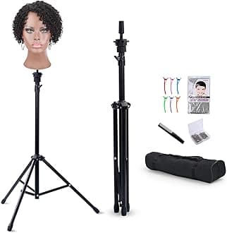 Klvied Reinforced Wig Stand Tripod Mannequin Head Stand, Adjustable Holder for Cosmetology Hairdressing Training with T-with Caps, T-Pins, Comb, Hair Clip, Carrying Bag