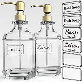 GLADPURE Soap Dispenser - 2 Pack, 18 Oz Antique Design Thick Glass Hand Soap Dispensers; with 304 Rust Proof Stainless Steel Pump, 6Pcs Clear Stickers, for Kitchen, Bathroom - Gold