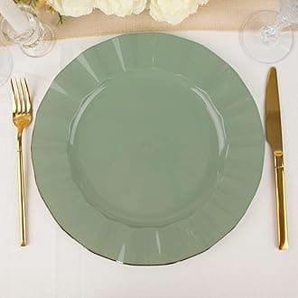 Efavormart 11" Dinner Plates – Set of 10 Plastic Dusty Sage Green Round Disposable Plates with Gold Ruffled Rim – Elegant Tableware for Wedding Receptions, Dinner Parties, Holiday Events, and Cateri